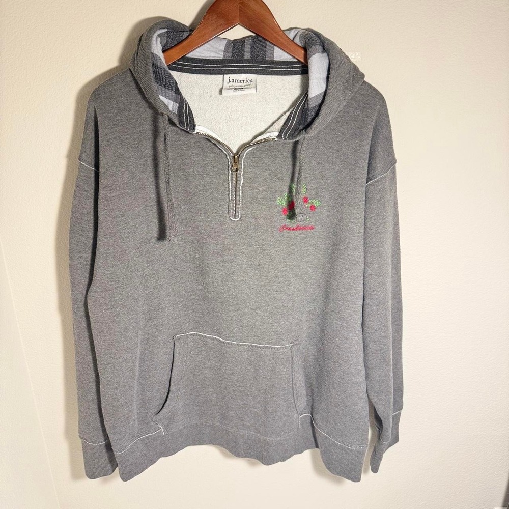 J.America gray quarter zip hoodie with embroidered cranberries - plaid hood